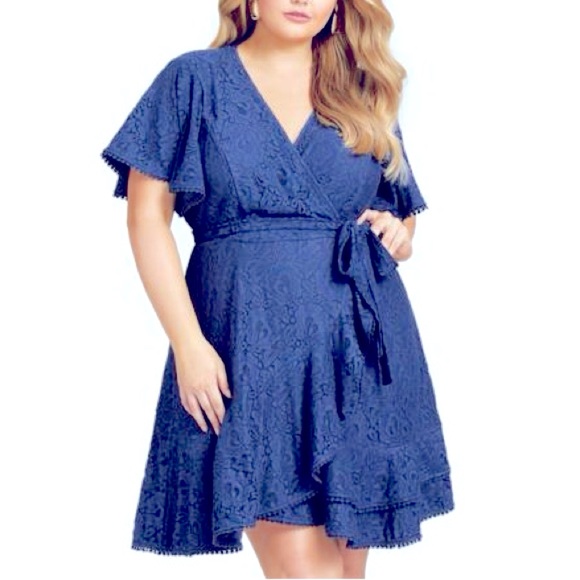 NWT City Chic Size 18 Blue Lace Wrap Dress with Bow - Picture 1 of 16